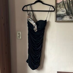NWT Roberto Cavalli Black Chain Ruched Bodycon Mini Dress Size Medium